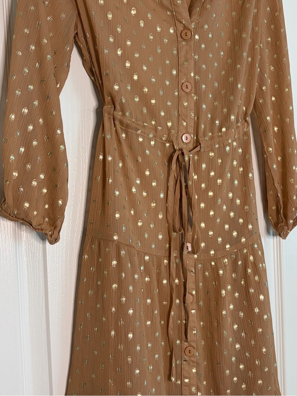 Tan and Metallic Gold Dot Tired Listicle Midi Dress - Picture 6 of 8